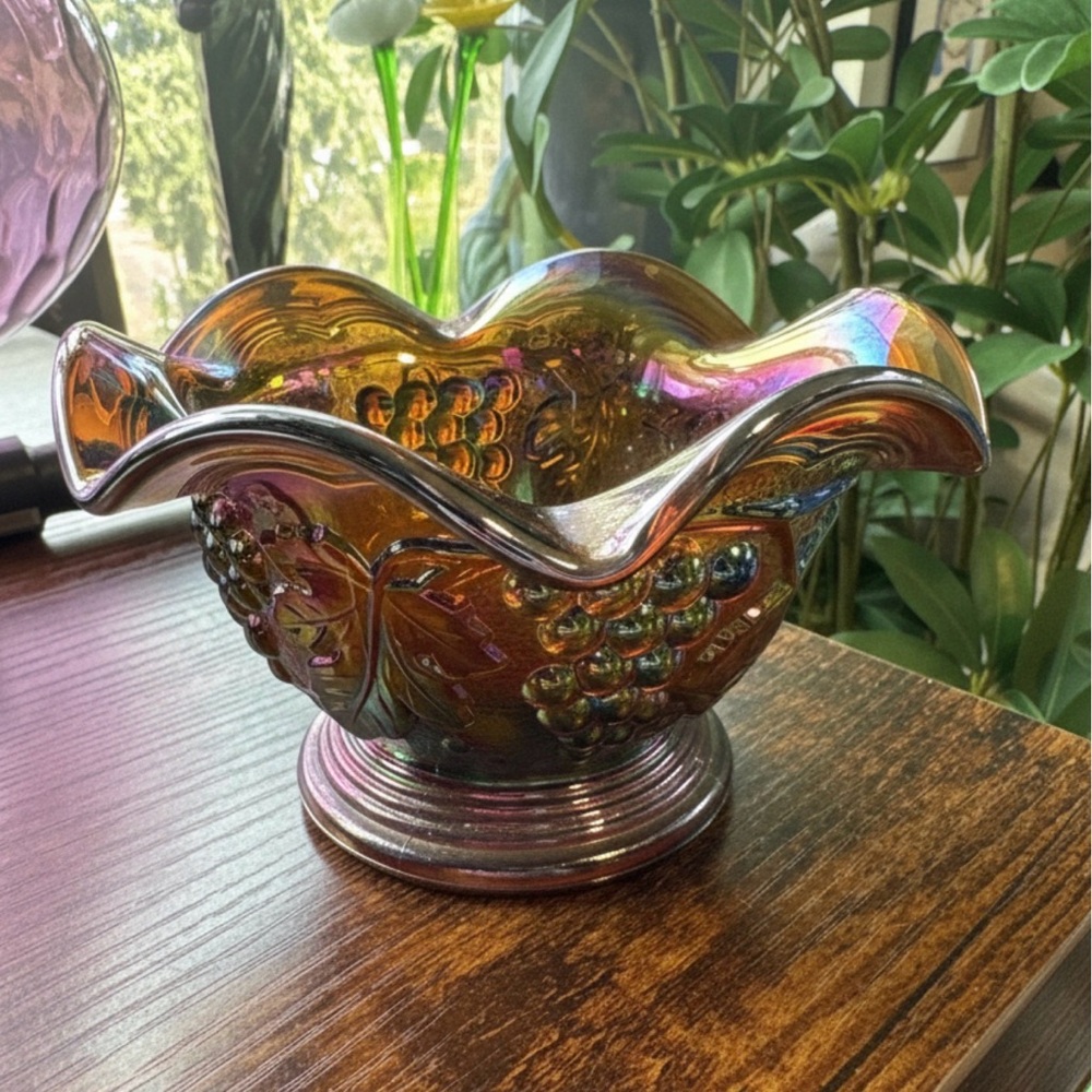 Vintage Imperial Carnival Glass Marigold Ruffle Bowl Featuring a Grape Design